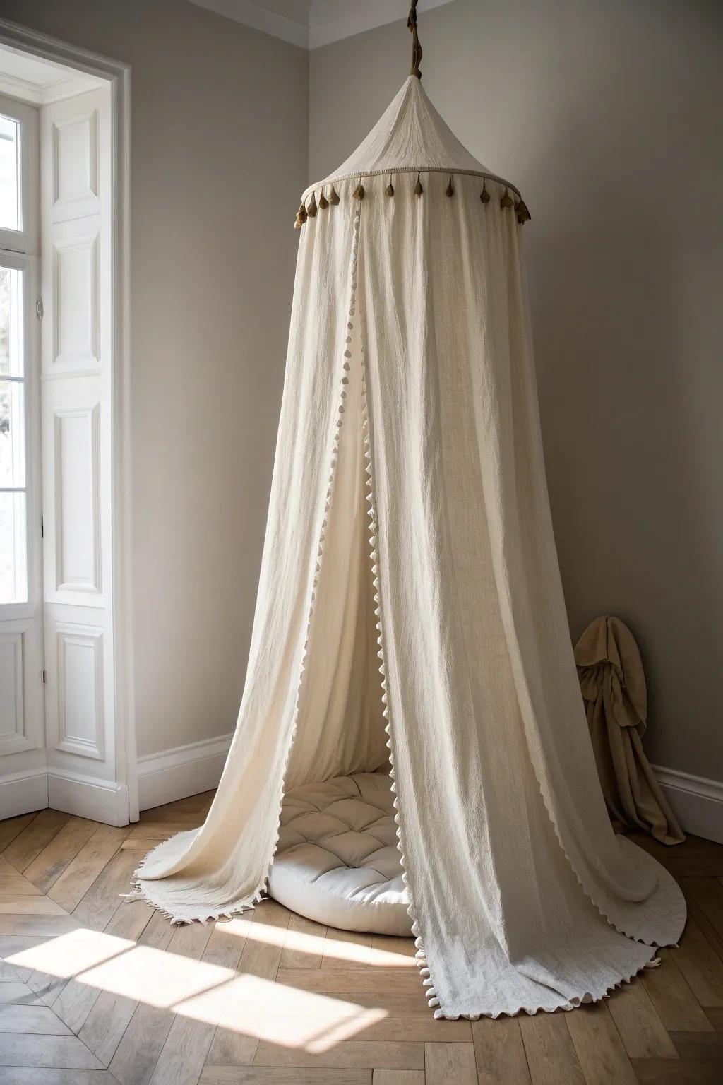Turn a bare den corner into a cozy cocoon with a ceiling-hung linen canopy in minutes.