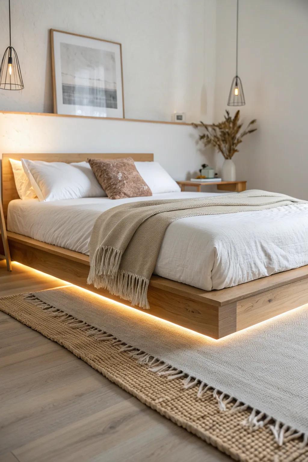 Hidden under-bed glow gives a floating, cozy hotel vibe—perfect for small spaces.