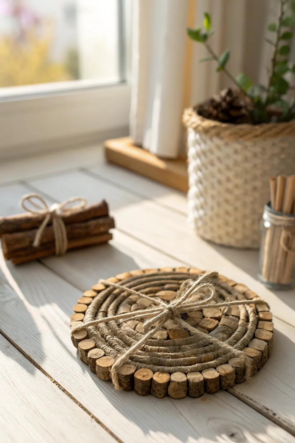 Add a touch of nature to your home with these charming rustic twig coasters. Perfect for a cozy, minimalist vibe.