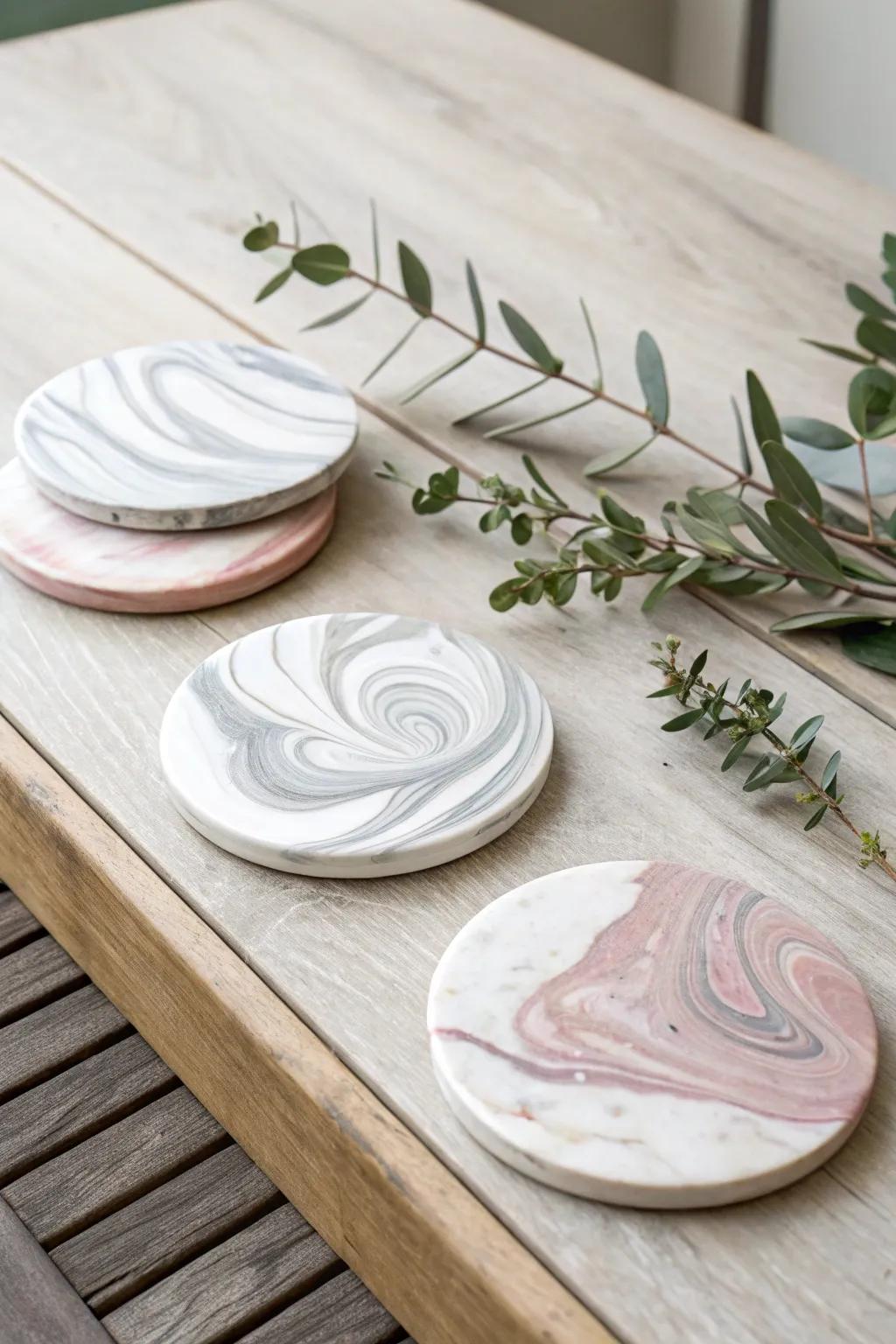 Elevate your table decor with these chic faux marble coasters, blending simplicity and elegance effortlessly.