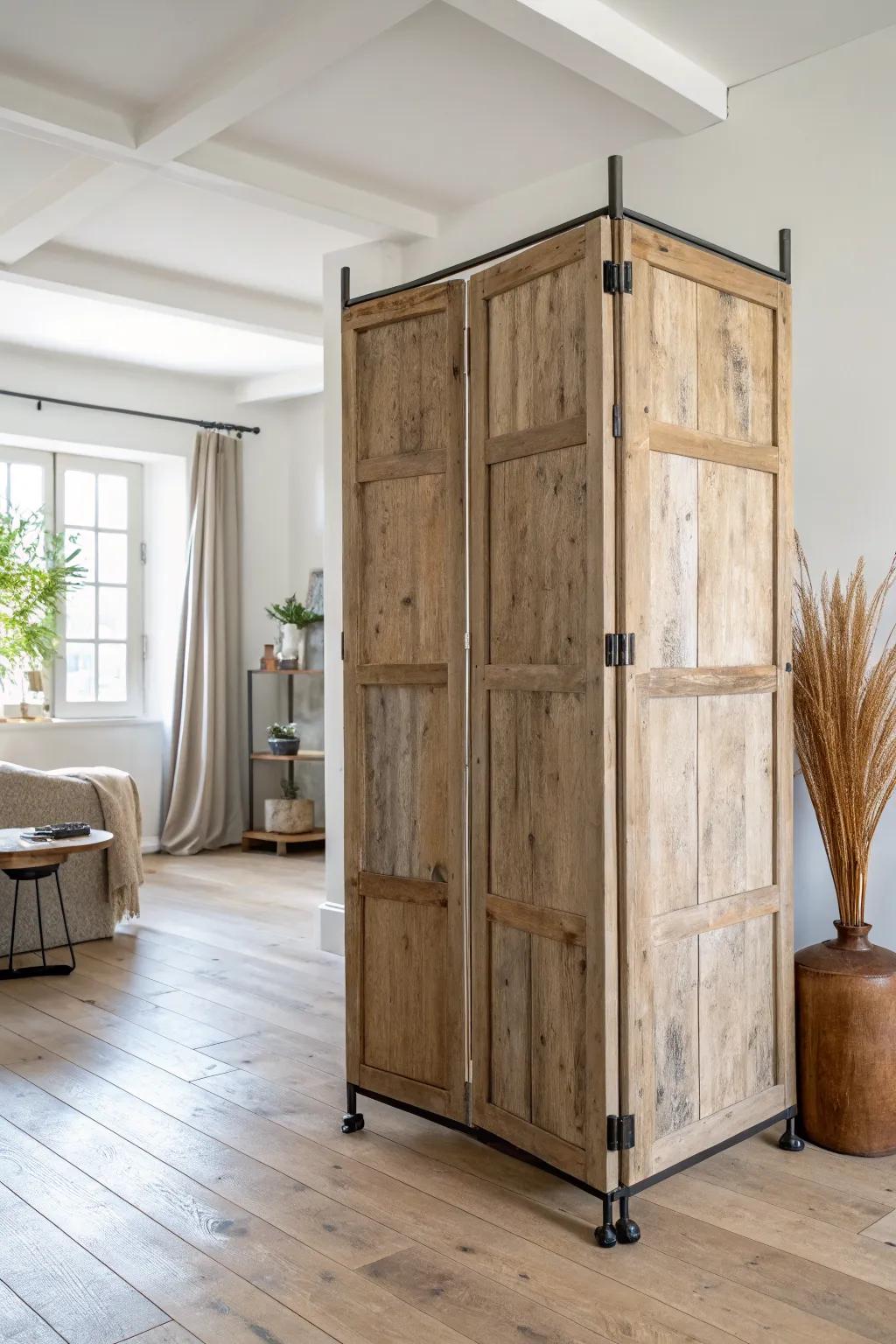 Reclaimed door panel partition: budget-friendly privacy with handcrafted, minimalist style.