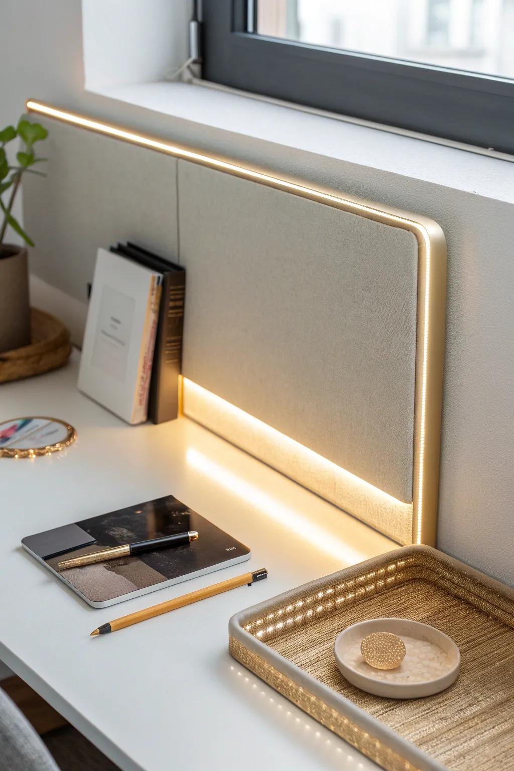Reflective backing + hidden LED strip = a calming cubicle glow that makes small desks feel bigger.