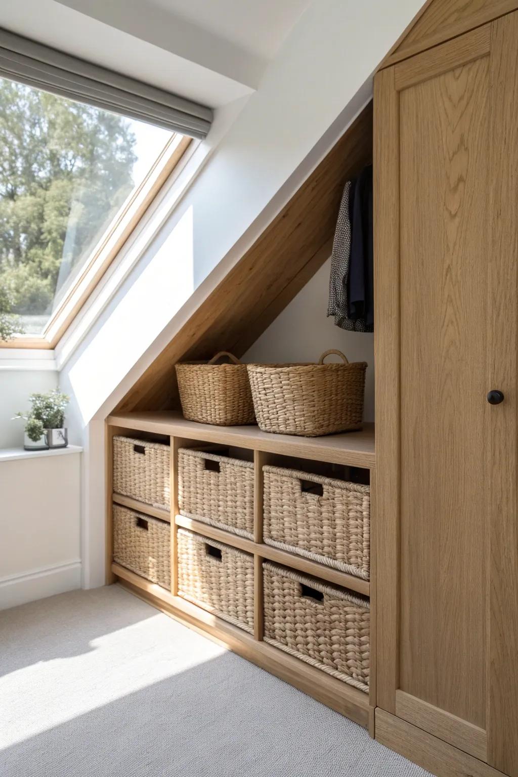 A custom closet module made for a slanted ceiling nook—beautiful storage where space felt impossible.