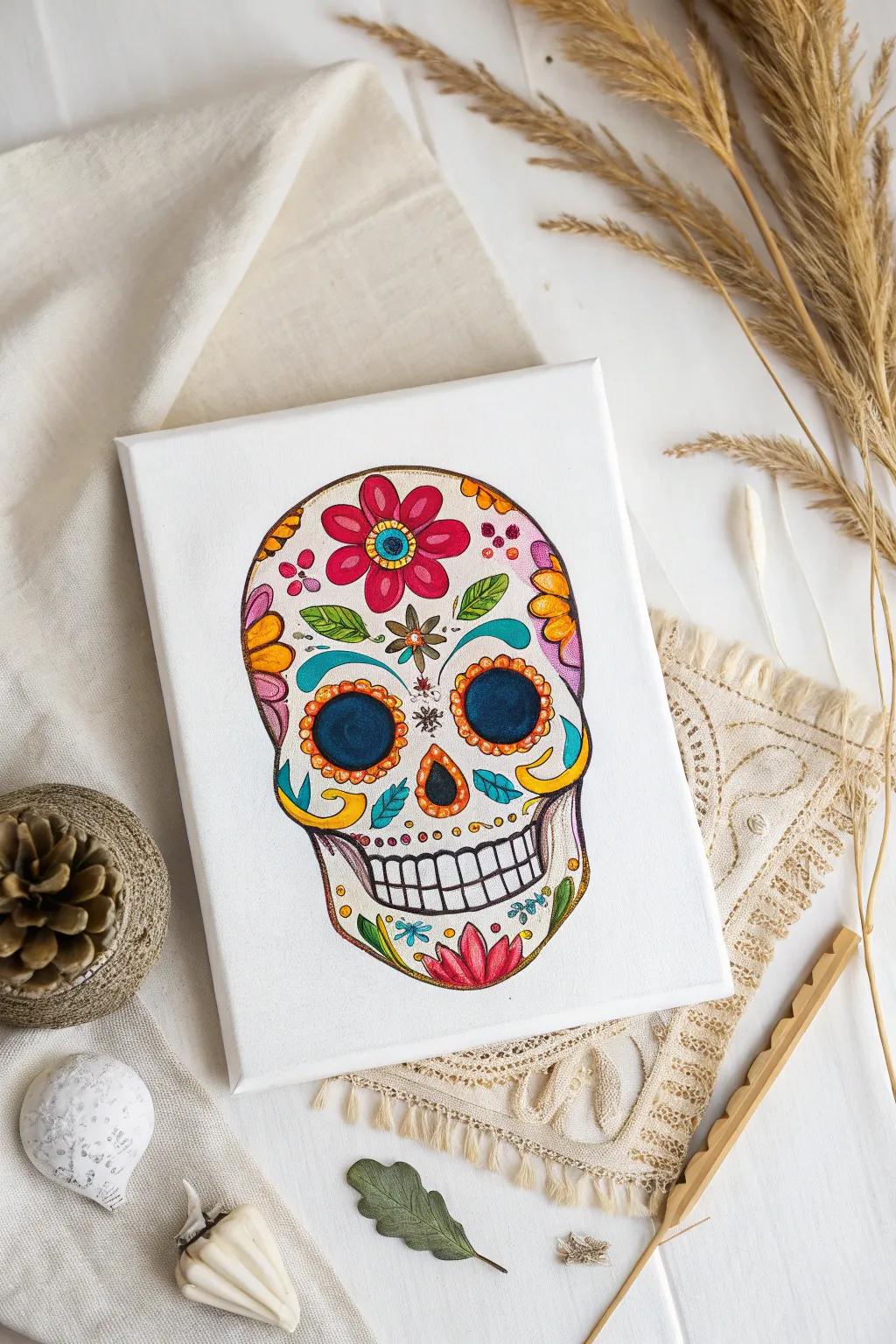 Embrace the art of Day of the Dead with this vibrant skull canvas, a perfect blend of Scandinavian minimalism and boho charm.