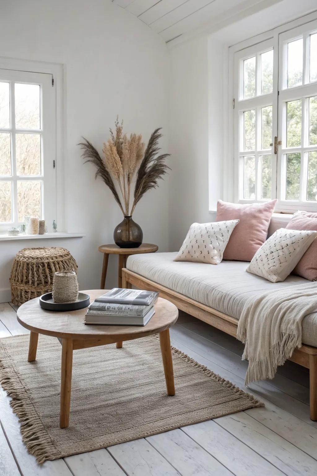 Two facing daybeds + a slim table make a cozy, minimalist conversation pit for small spaces.