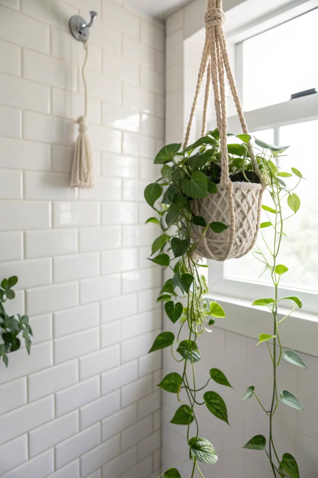 A single cascading pothos in a handmade hanger turns a tiny bathroom into a fresh retreat.