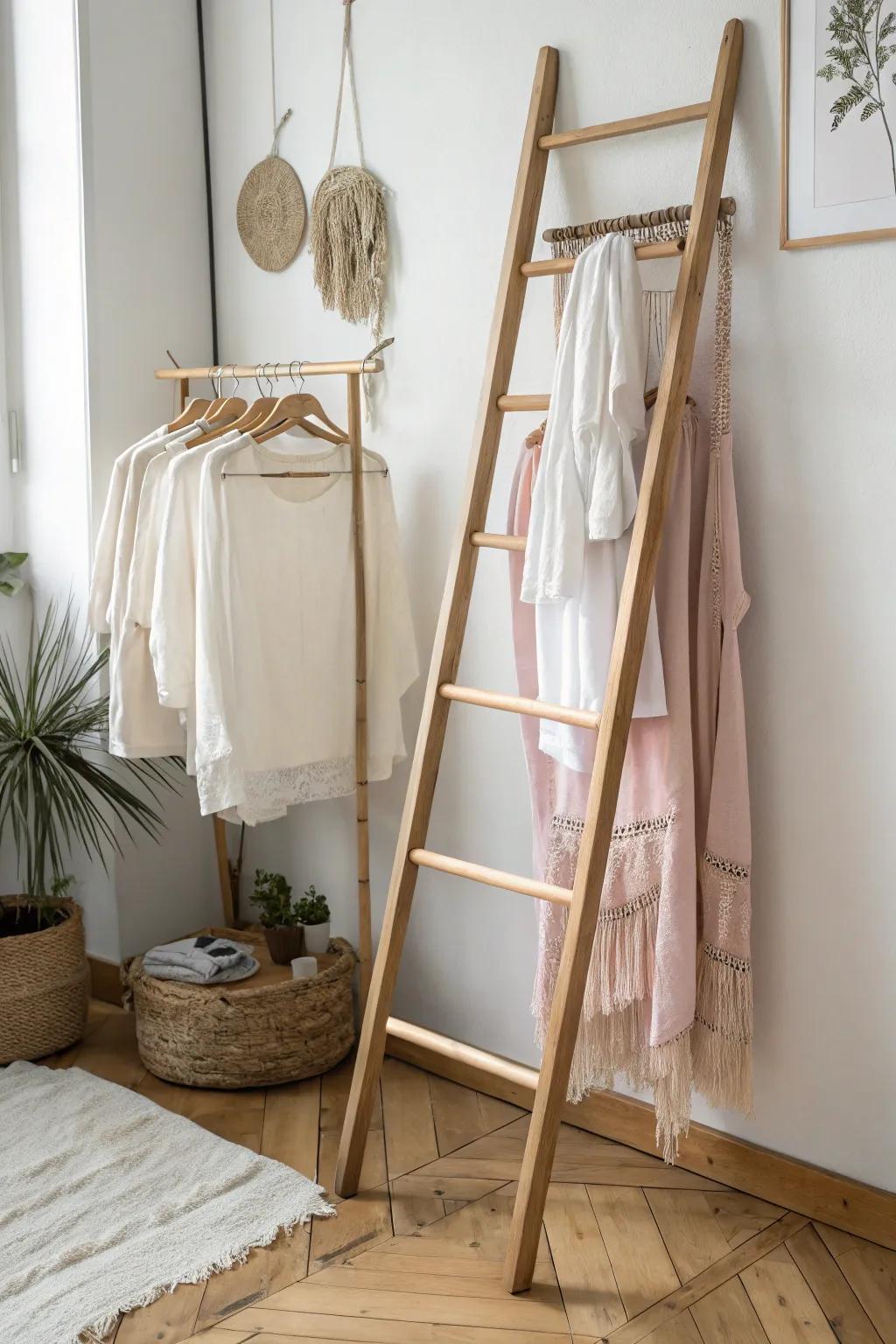 Decorative ladder drying rack: a chic small-space way to air-dry delicates beautifully.