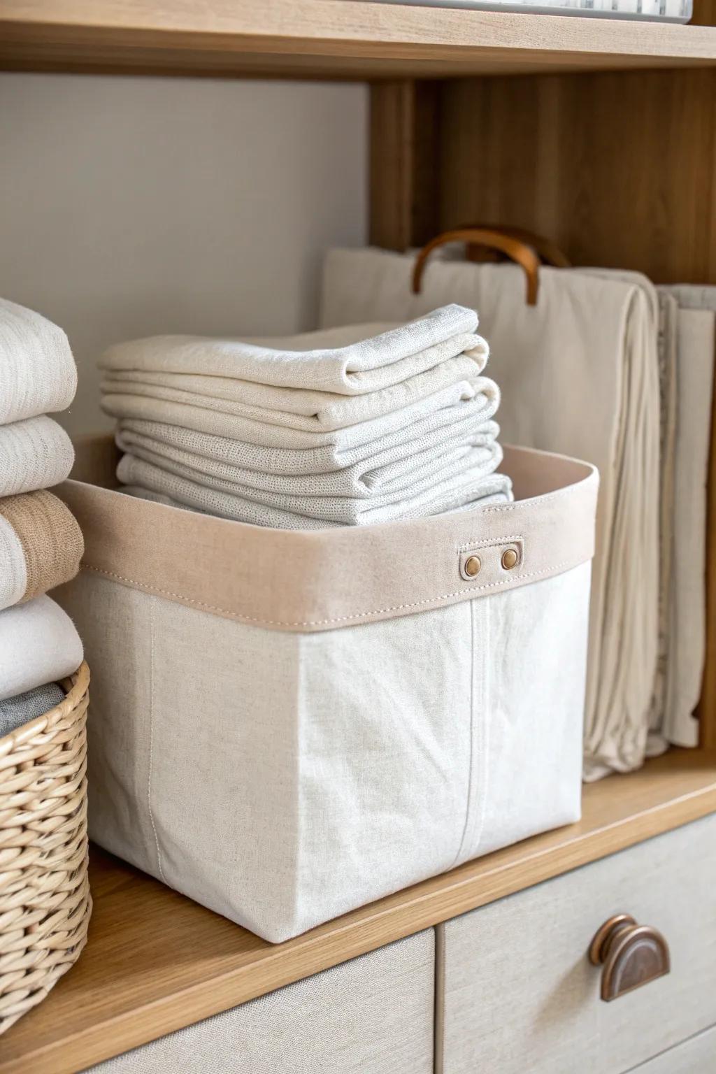 File-folded linens in an open bin—see every towel like books on a shelf, no digging.