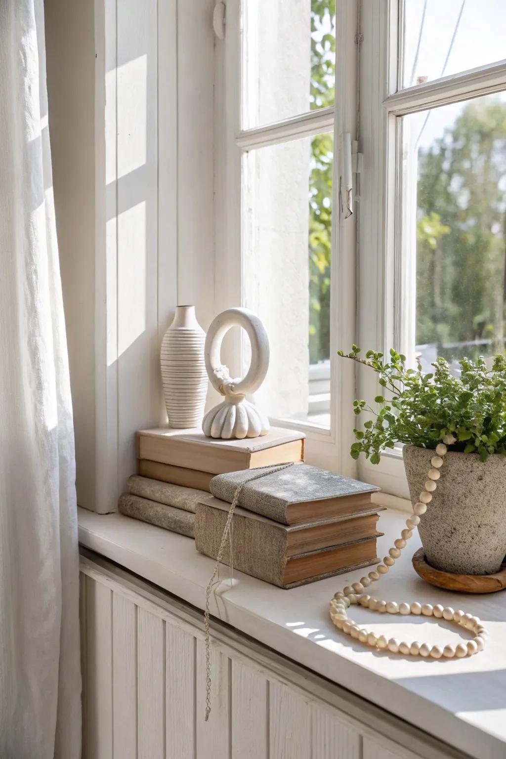 Turn a deep window sill into a shadowbox—layer books, ceramic art, and a plant for depth.