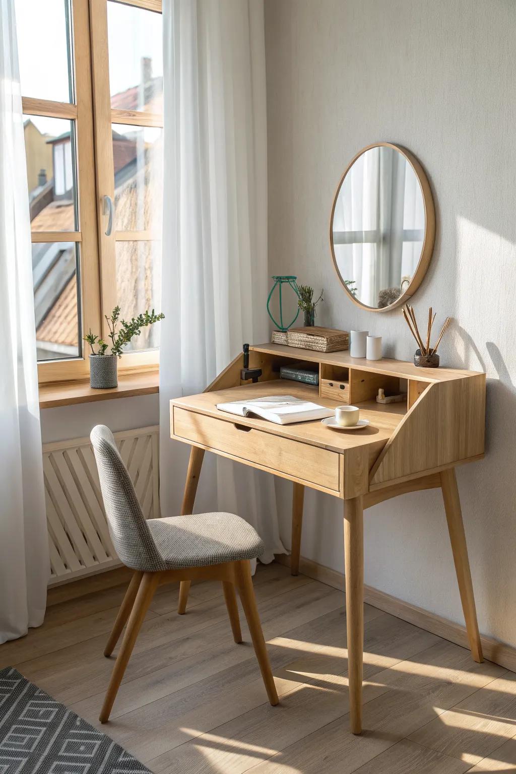 Window-facing desk vanity combo: angled mirror + daylight for the most flattering makeup