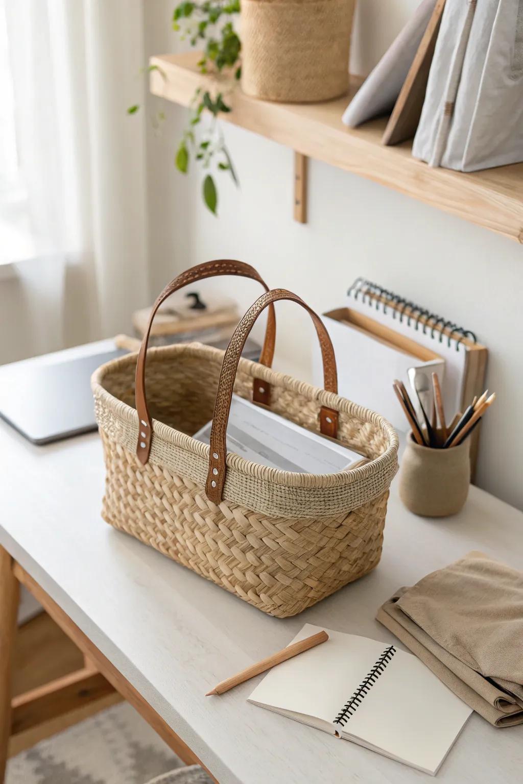 One working basket keeps today’s notebook, papers, and tools together—instant tidy desk.