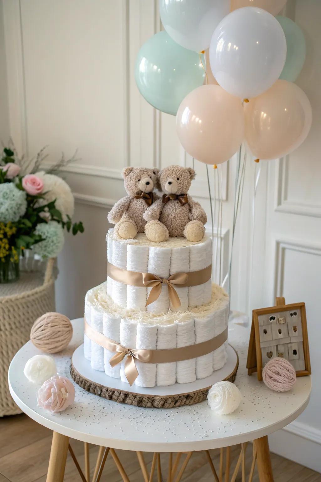 Celebrate the twins with a whimsical diaper cake adorned with balloons and bubbles—where simplicity meets playful elegance.