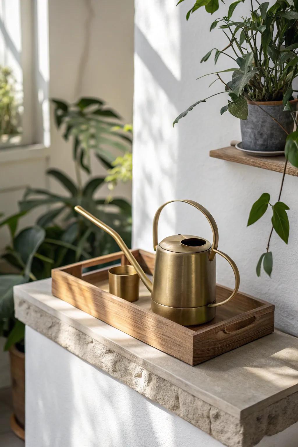 Convert a dining room into an indoor garden—one chic watering tray station keeps care beautifully tidy.