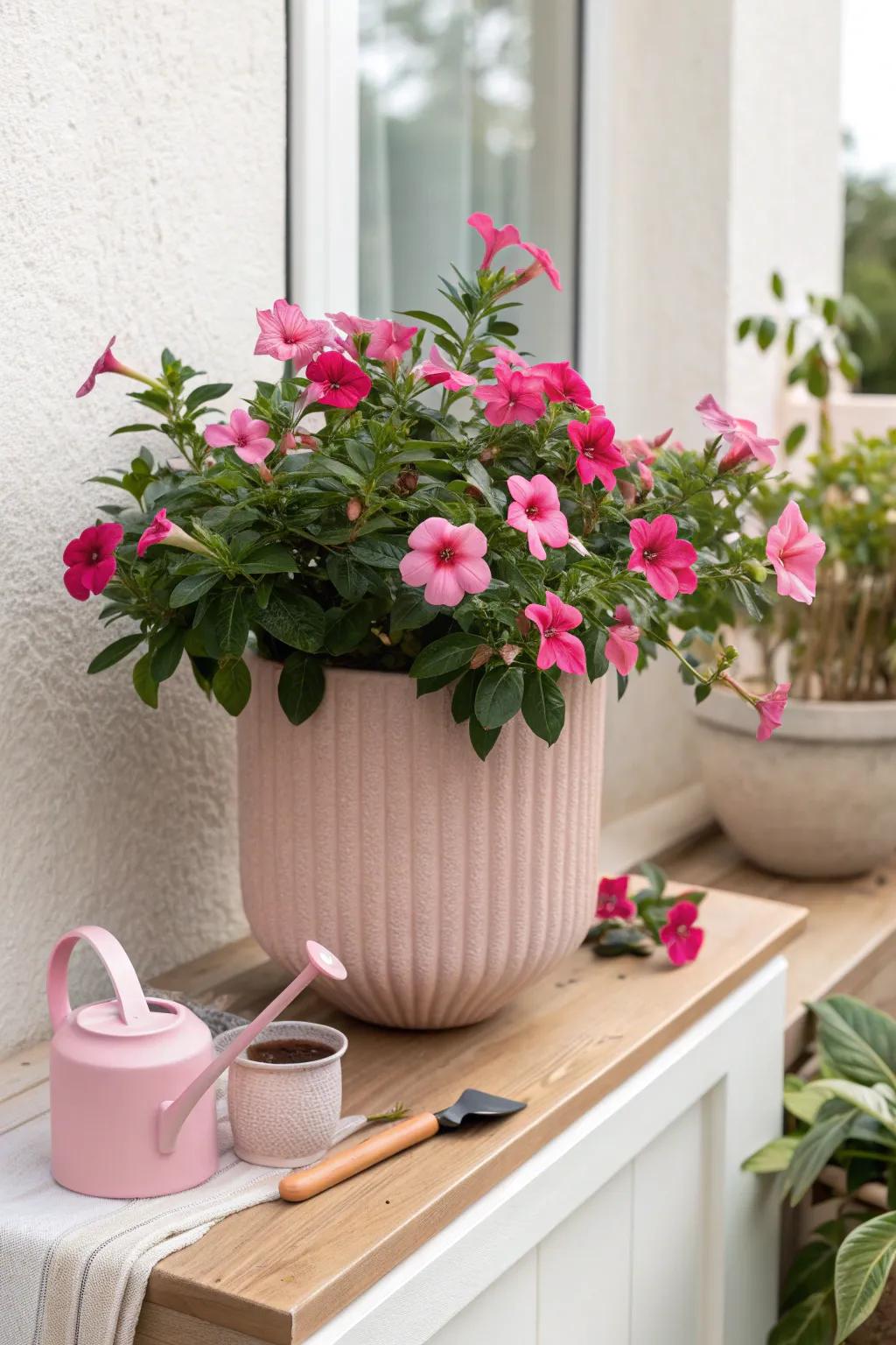 Monochrome dipladenia pot: one bloom color + matching accents for a polished tiny balcony.