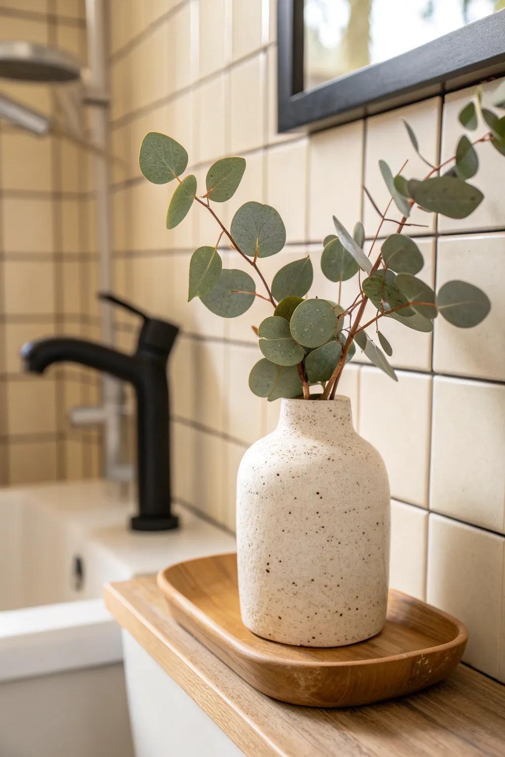 Budget-friendly bathroom refresh: one ceramic vase + green stems for instant spa calm.
