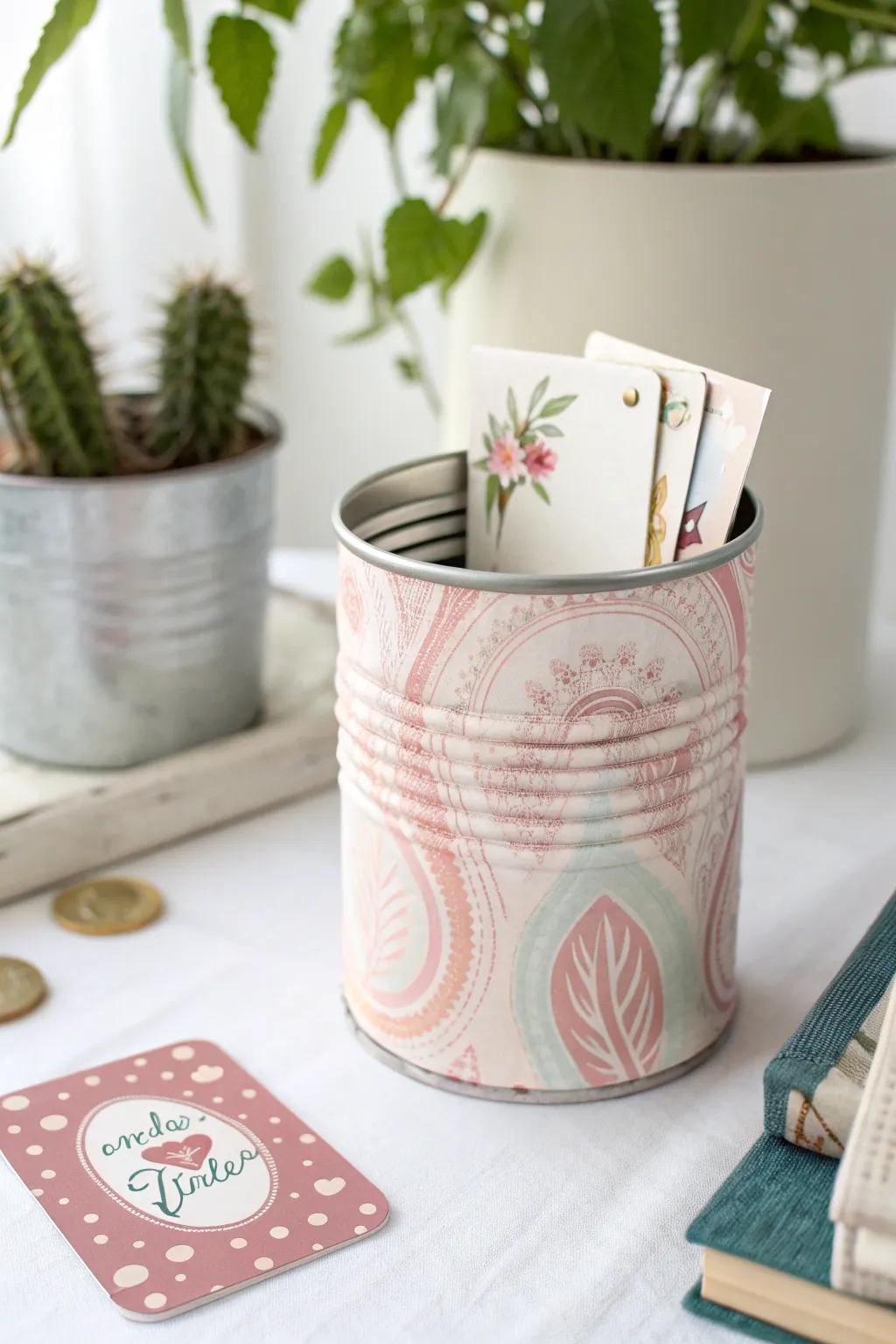 Elevate your workspace with this chic, upcycled tin can card holder—where sustainability meets style!