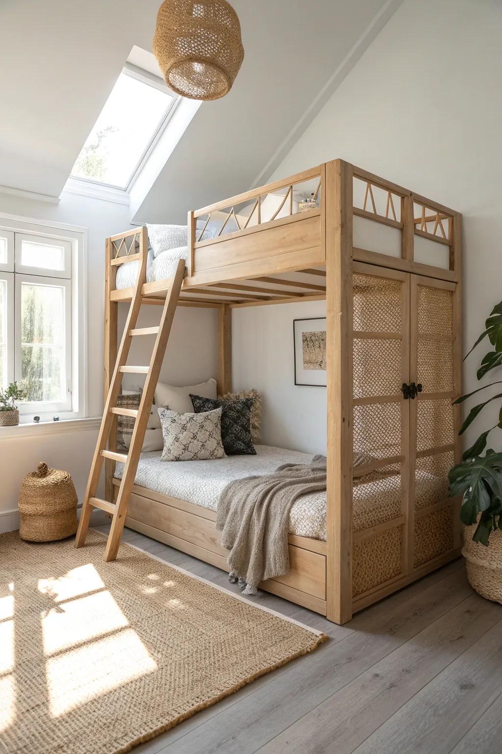 A built‑in corner loft bed with a cozy lounge nook underneath—small space, big calm.