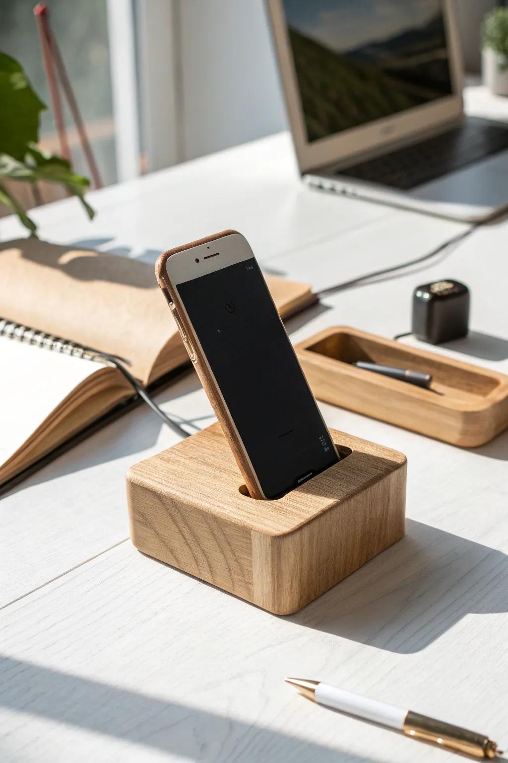 Simple handmade wood dock keeps your phone tidy—minimal Scandinavian style with a soft boho vibe.