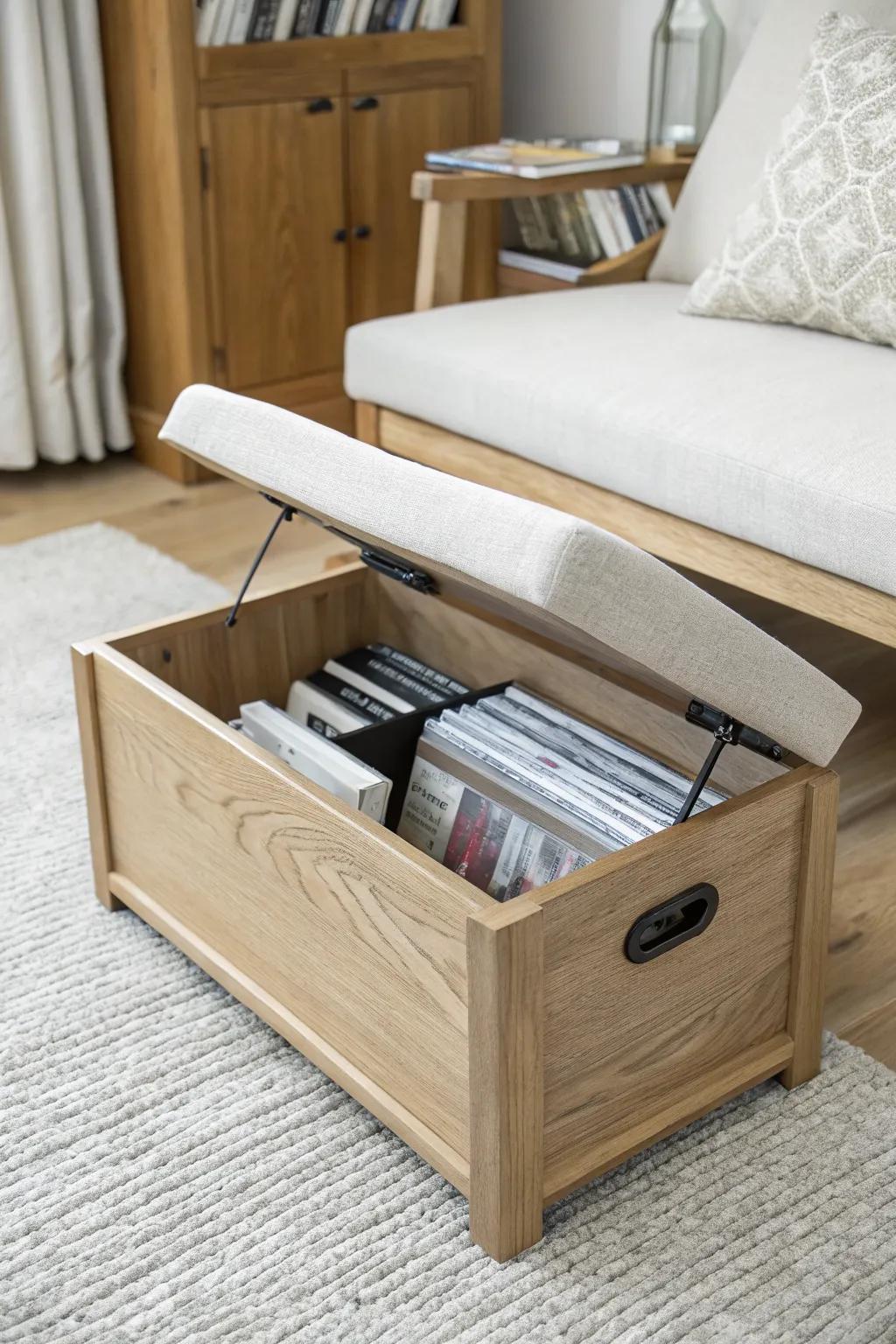 Lift-top bench hides your DVD library—seating + storage in one calm, clutter-free piece.