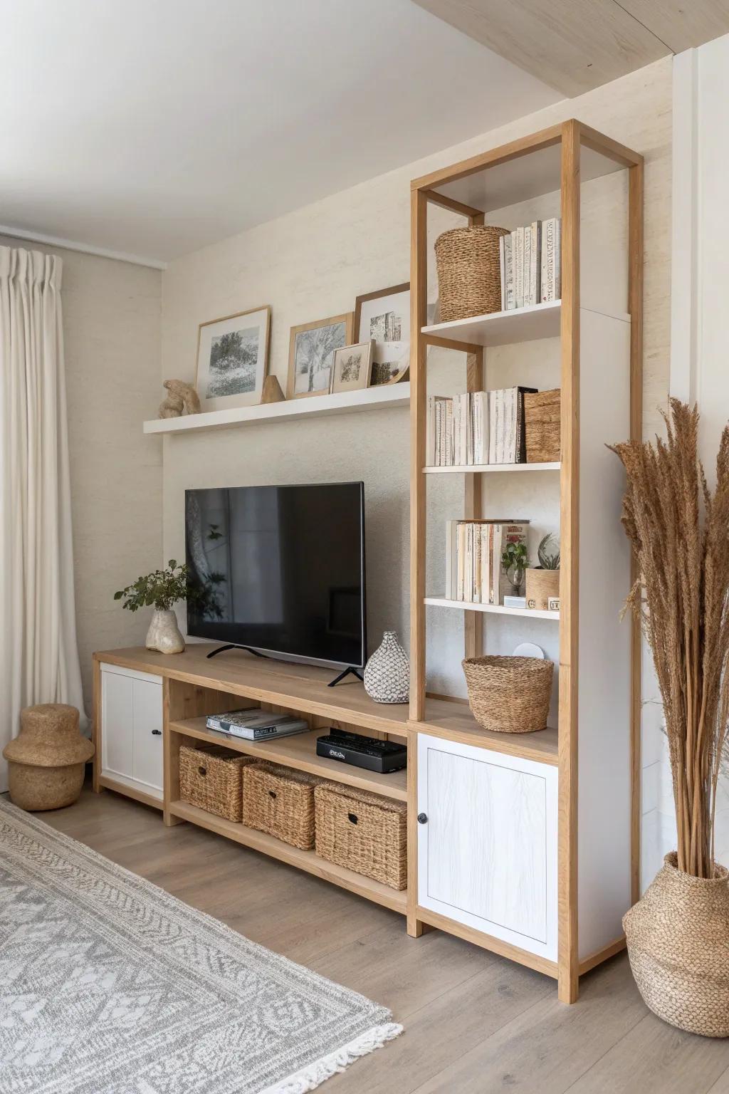 A double-sided TV divider that zones a small space—screen to sofa, shelves to entry.