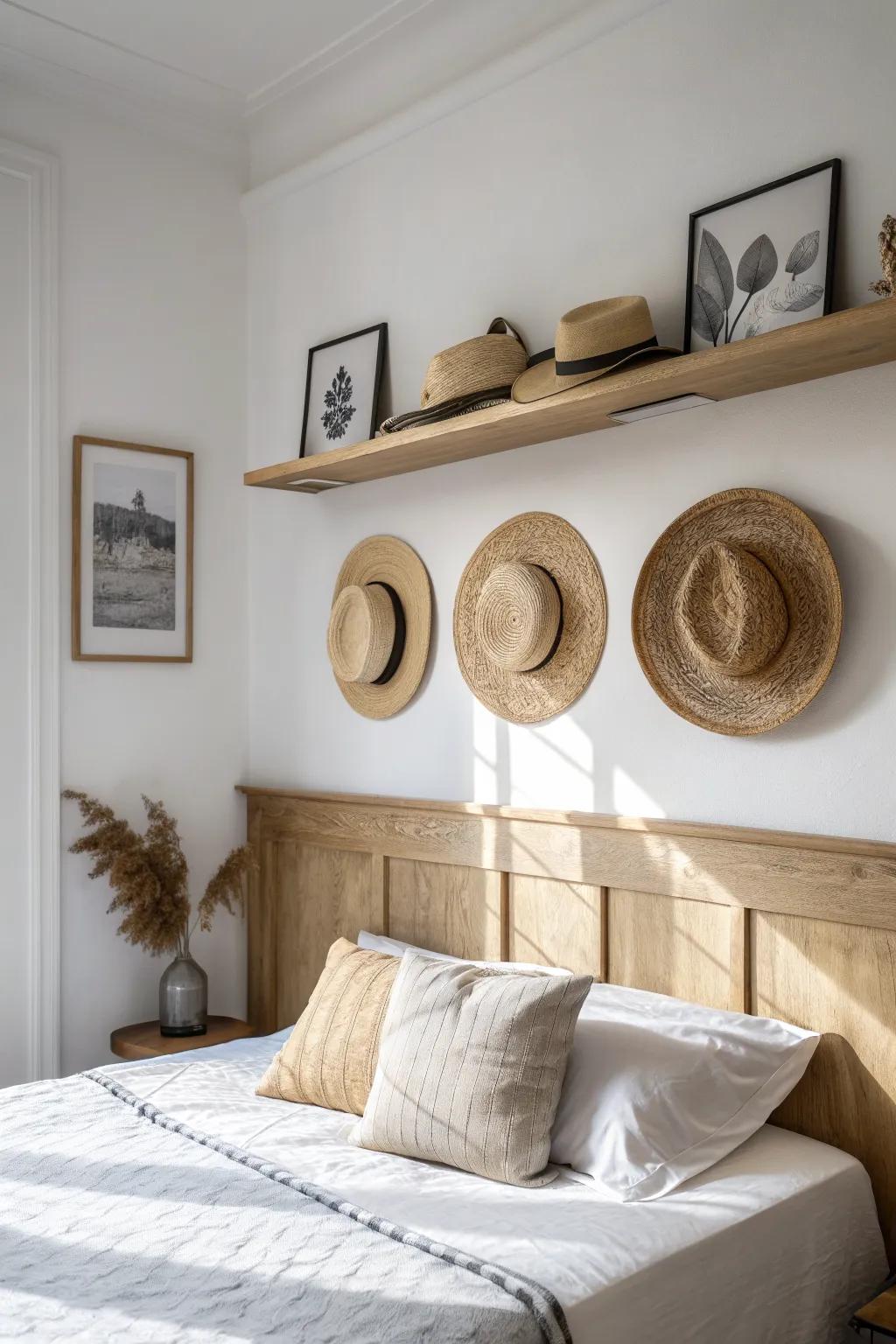 Turn wide-brim hats into wall art with a slim picture ledge—simple, chic, space-smart.