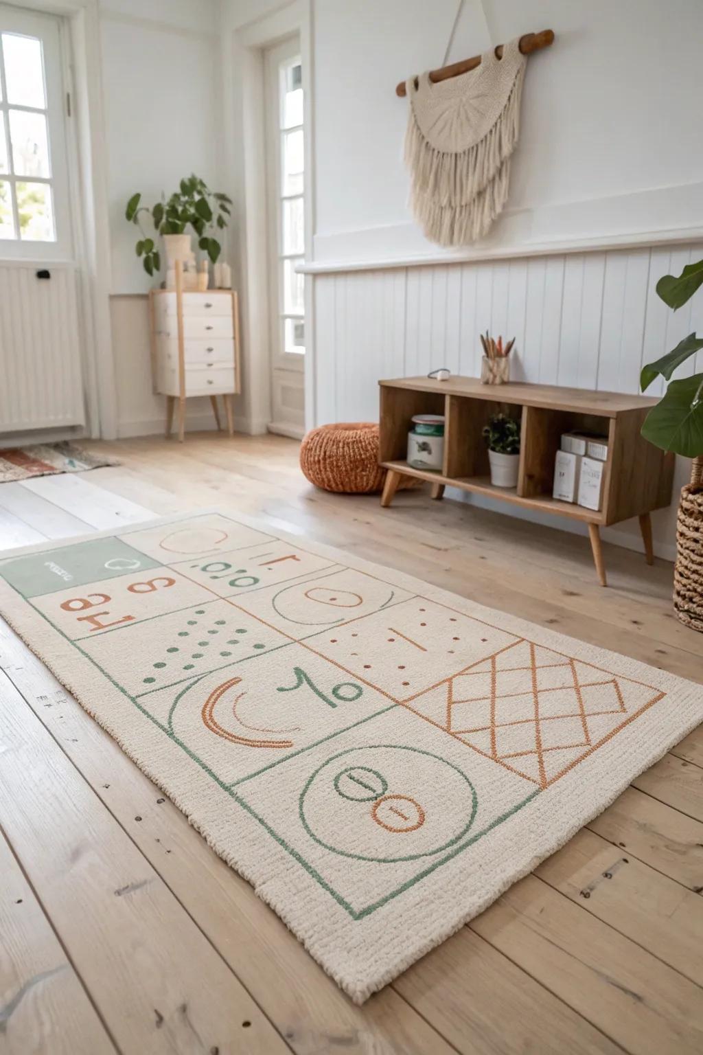Step into playful elegance with this charming hopscotch rug, perfect for adding a touch of fun to your minimalist haven.