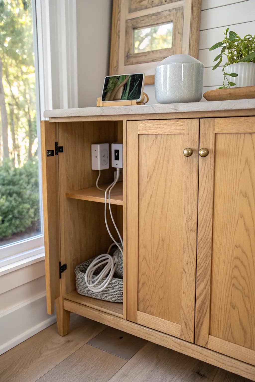A hidden charging hutch keeps small appliances plugged in—while your counter stays calm.