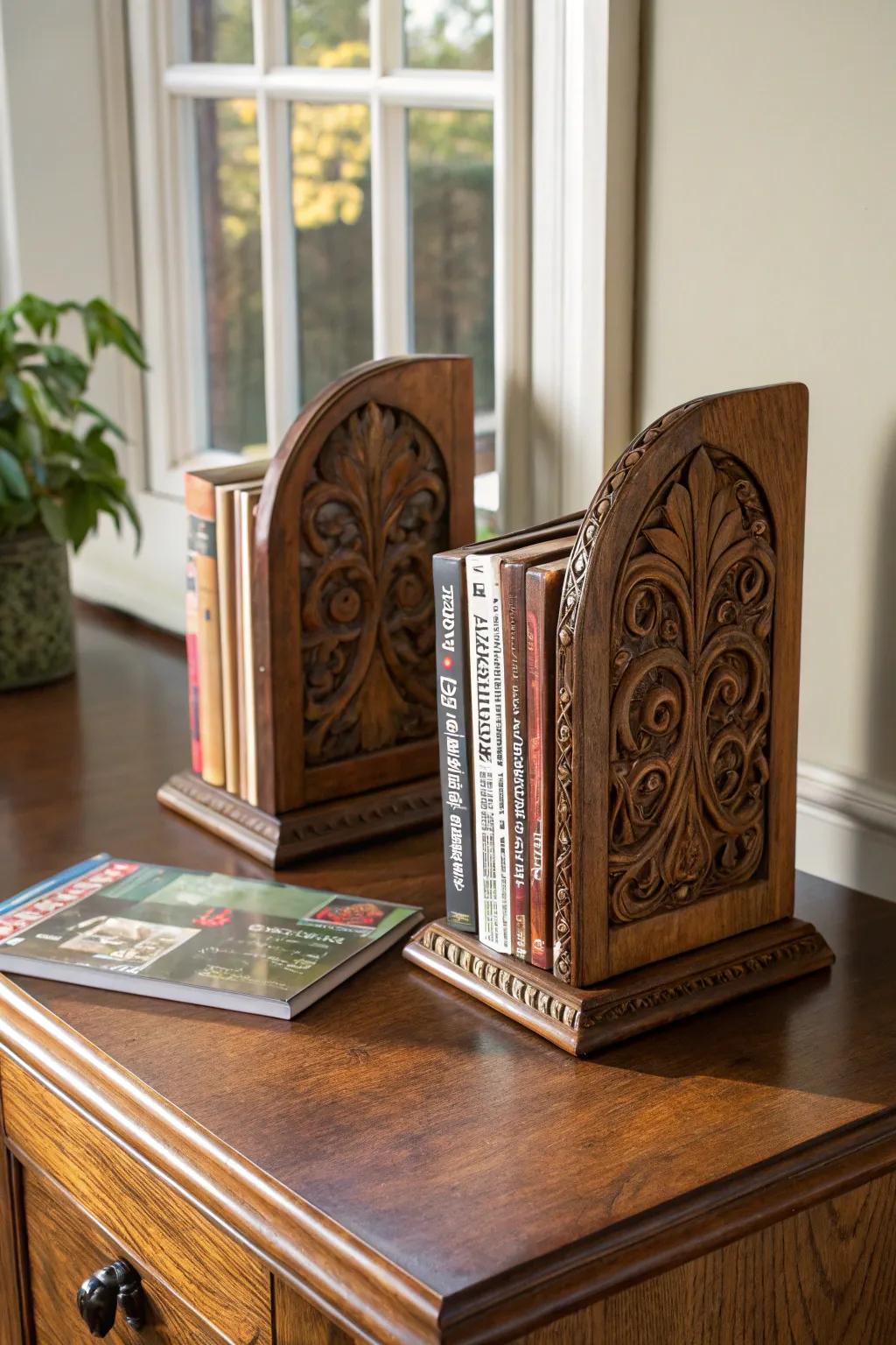 Elevate your space with handcrafted bookends that double as a stylish magazine rack.