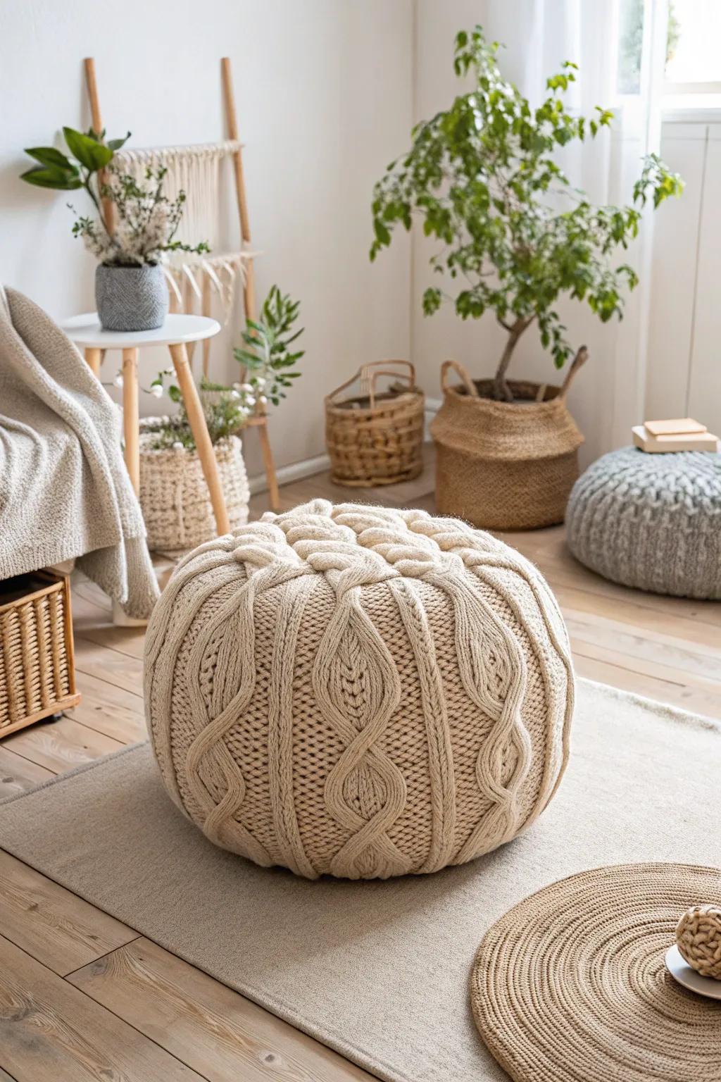Wrap your living room in warmth with a DIY cable-knit pouf, perfect for minimalist and boho vibes.