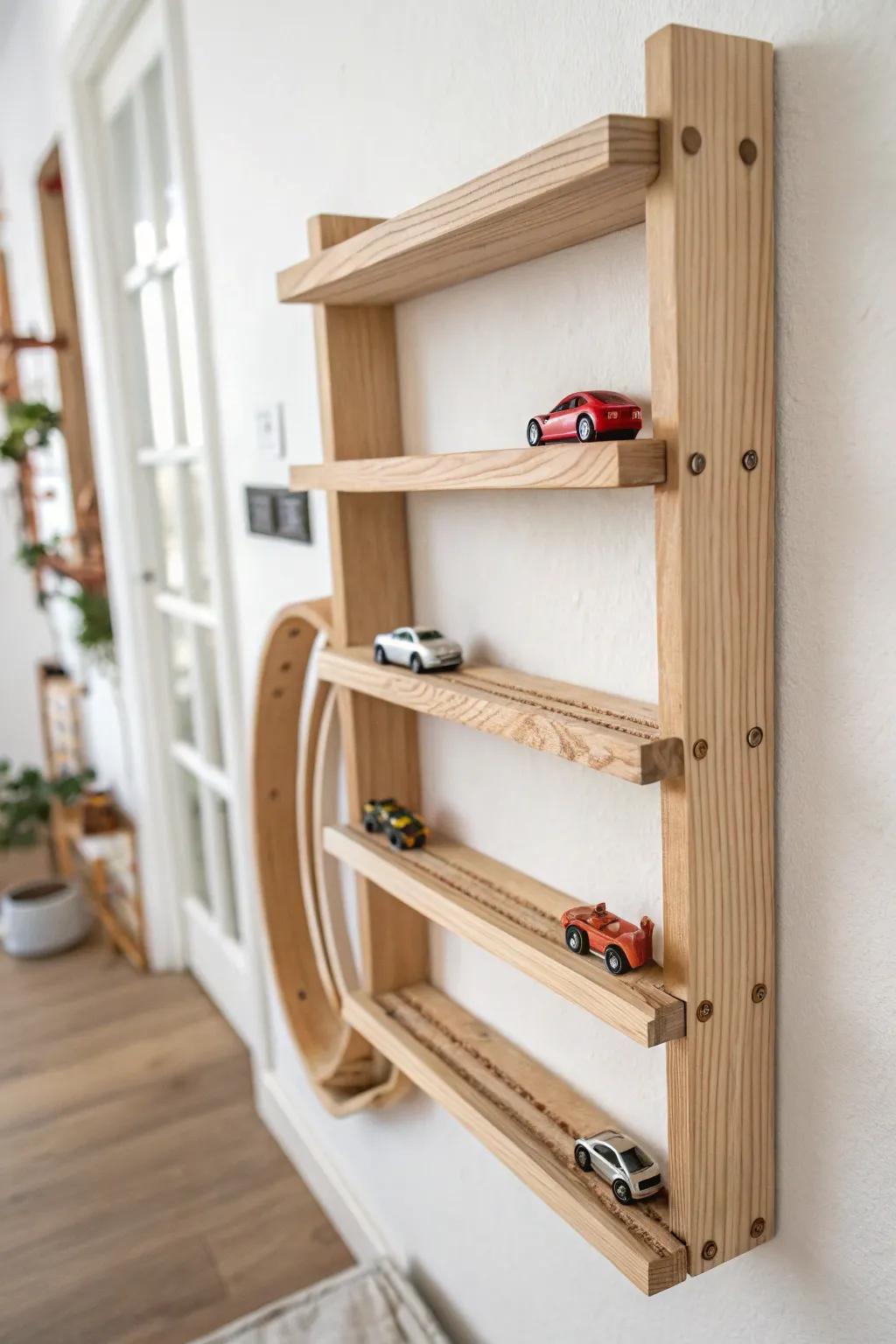 Pallet-wood wall race track shelf: play + parking in one, perfect for tiny kids rooms.