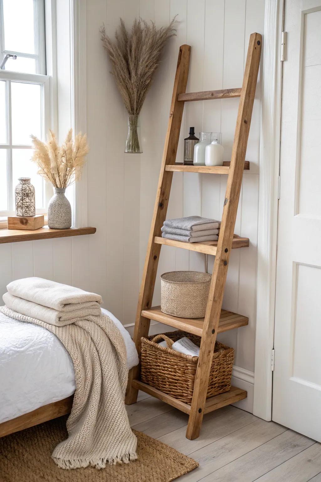 DIY leaning ladder shelf: adds height to a tiny bedroom corner—no heavy drilling needed.