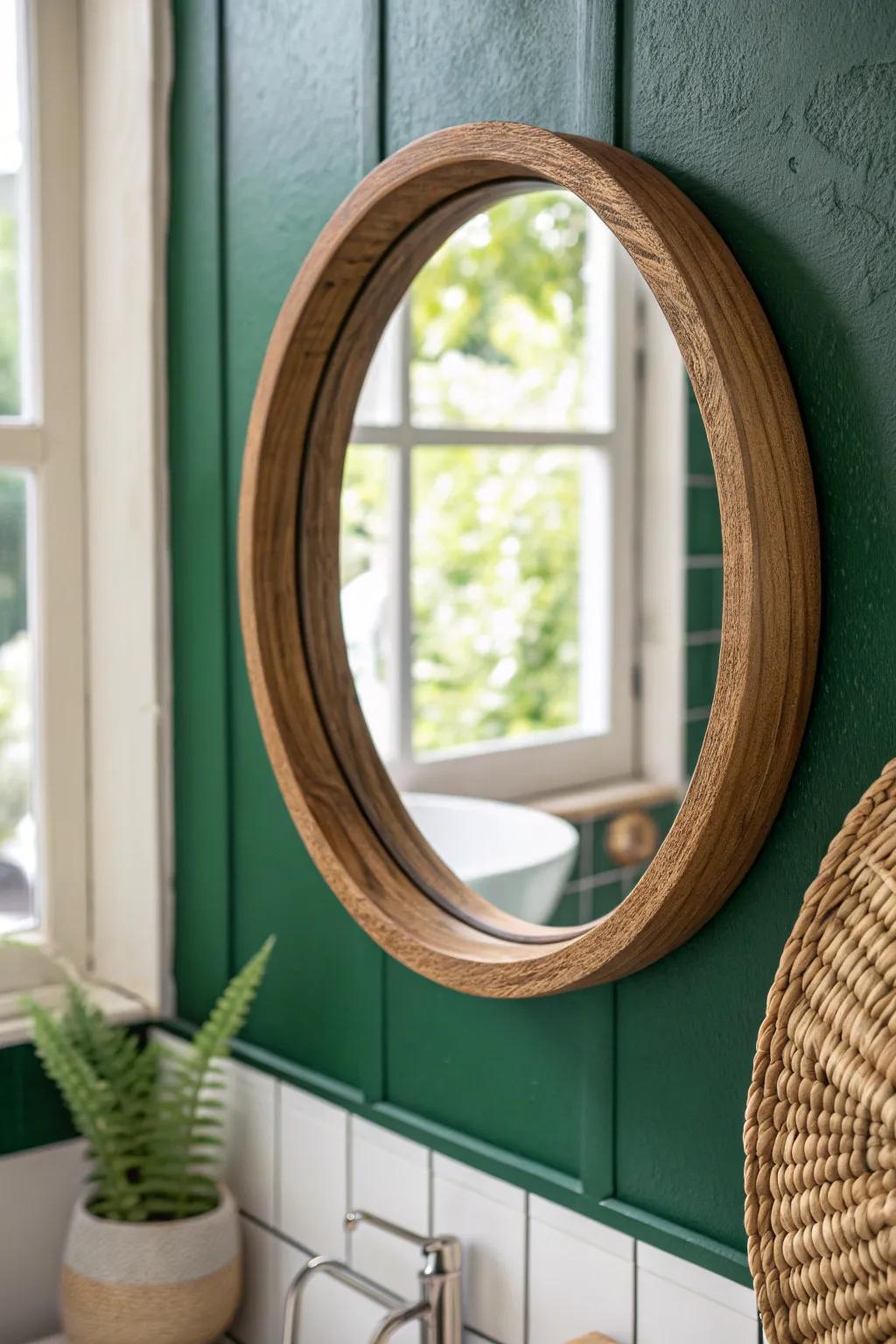 One bold painted wall + a simple oak mirror turns a tiny bathroom into a curated, airy space.