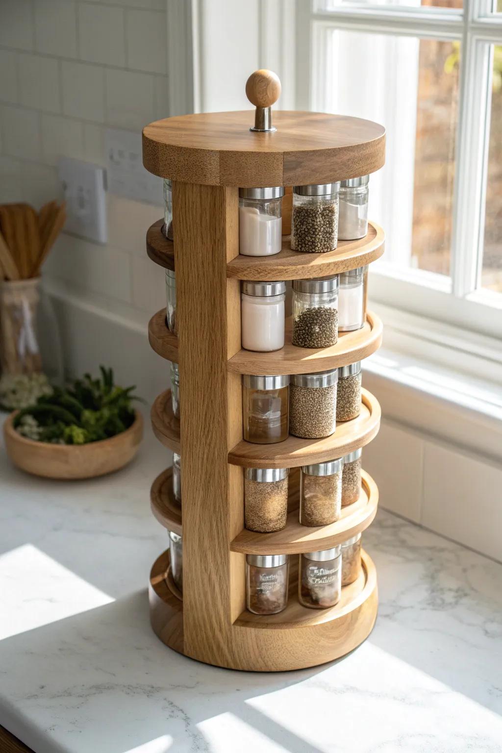A rotating wooden spice tower that keeps every jar visible—perfect for small-space kitchens.