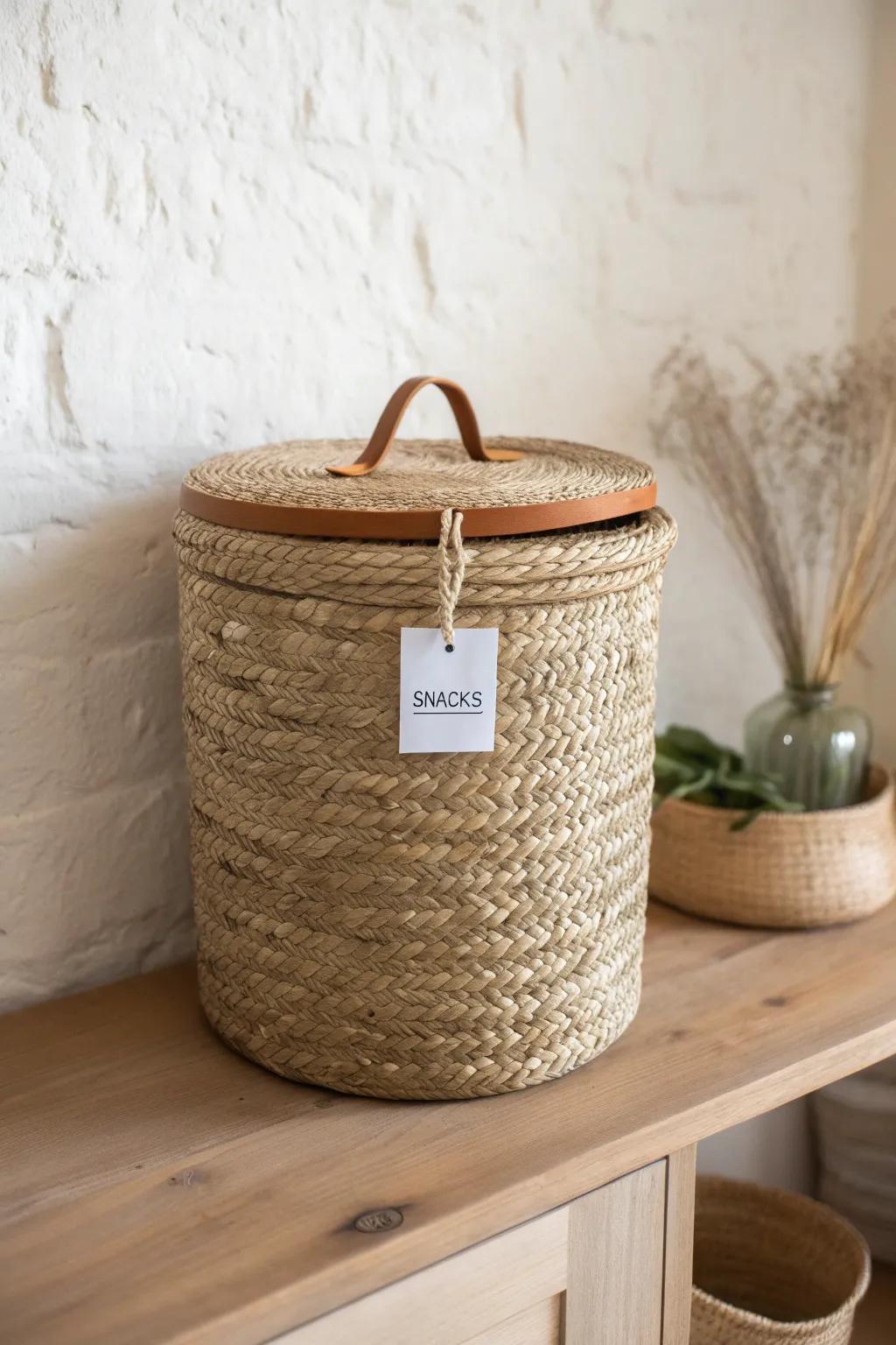 DIY lidded canister basket—woven texture, simple label, and tidy storage for small kitchens.