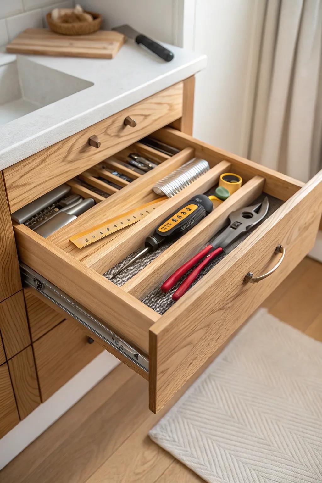 Secret toe-kick drawer: hidden storage for flat tools that keeps small spaces clutter-free.
