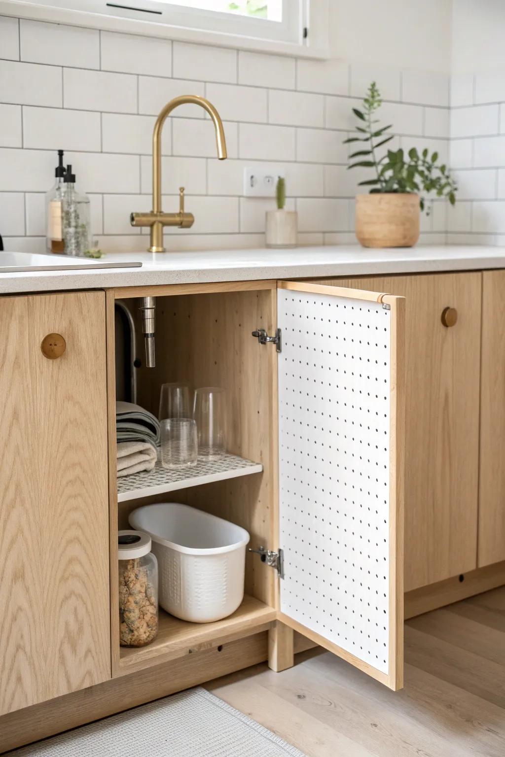 A hidden side-wall pegboard under the sink—tiny hooks and cups for instant micro storage.