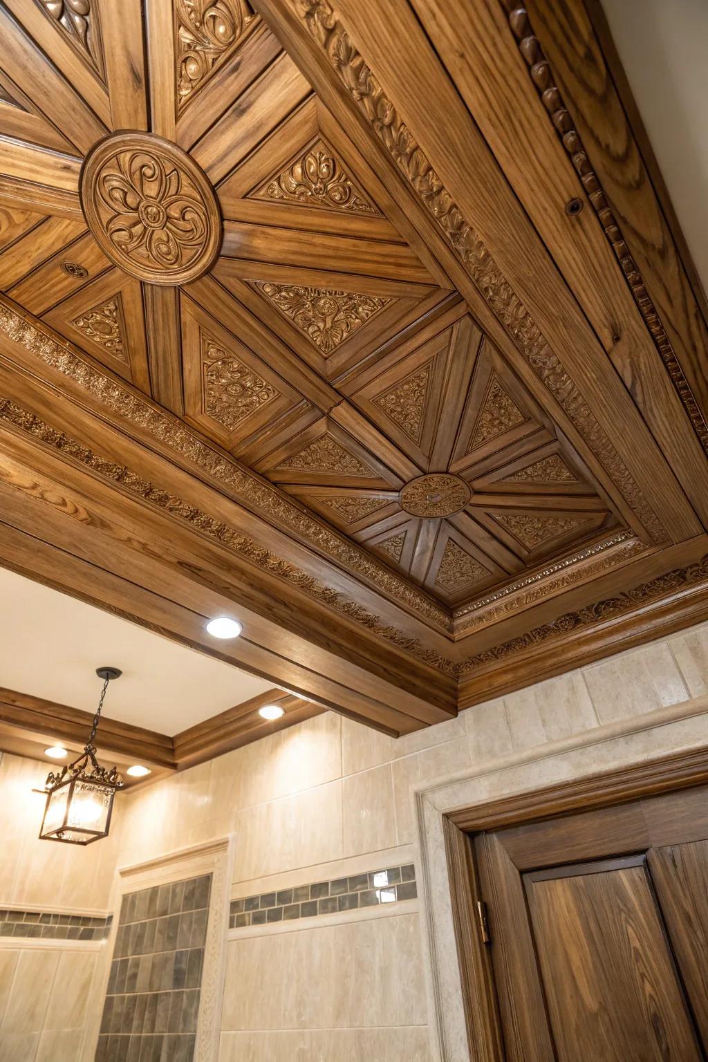 Transform your space with the soothing texture of handcrafted wood ceilings.