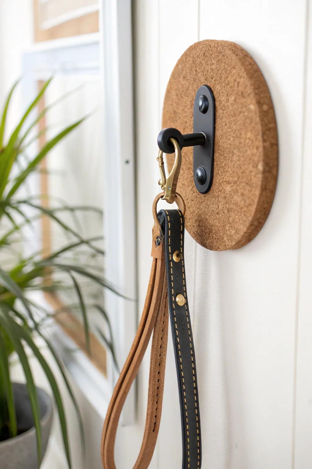 Quiet, polished leash storage: a cork-backed hook that protects paint and stops clanging.