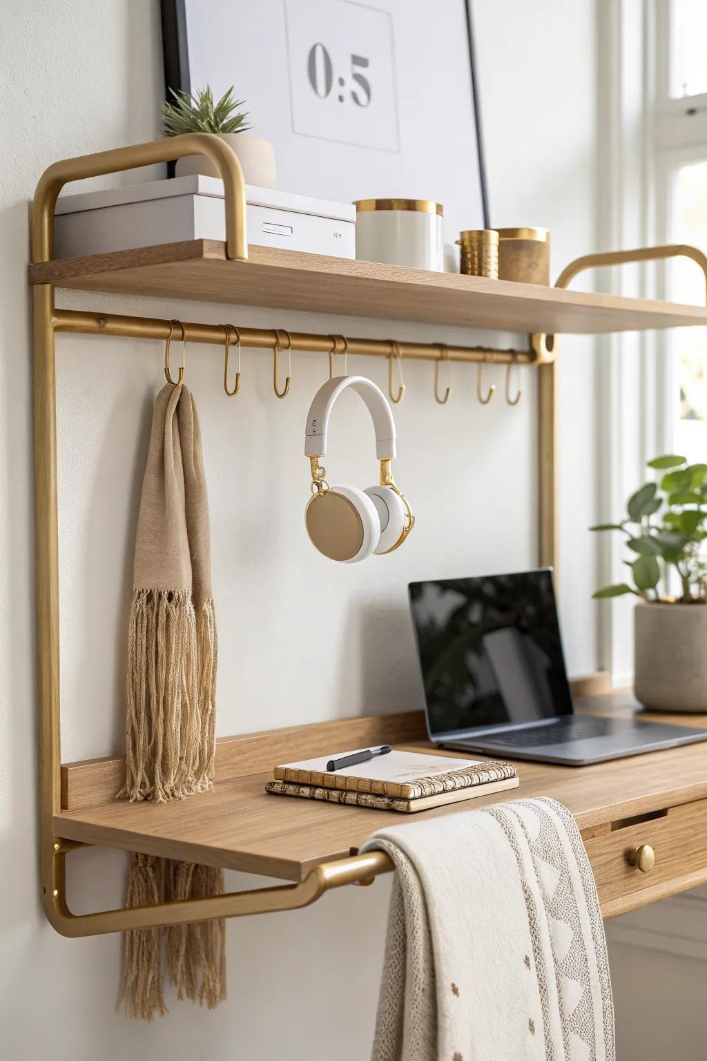 Turn empty space into storage with an under-shelf rail for headphones and small essentials.