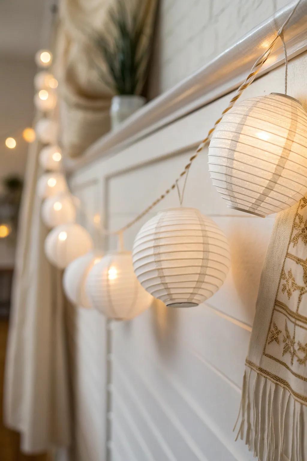 A paper lantern garland adds soft, cozy glow—perfect for making dorm lighting feel warmer.