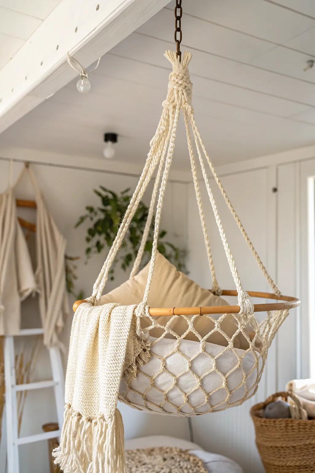 A cozy ceiling net keeps hoodies and pillows off the bed—tidy, airy, and dorm-friendly.