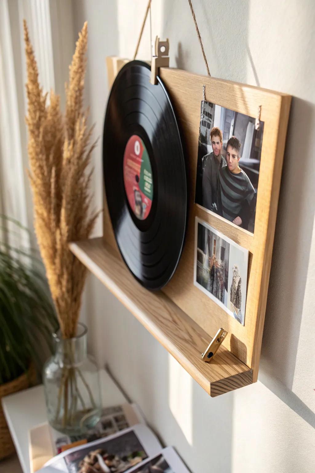 One vinyl on an oak wall mount = instant mood-board vibe and a clean, swap-anytime dorm statement.