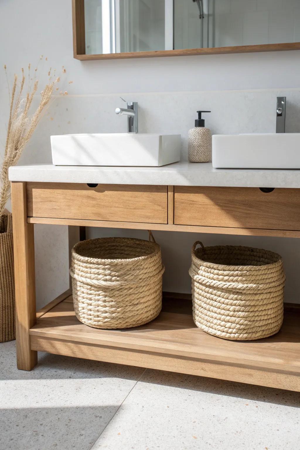 A light oak double vanity with an open shelf and woven baskets—storage without visual bulk.