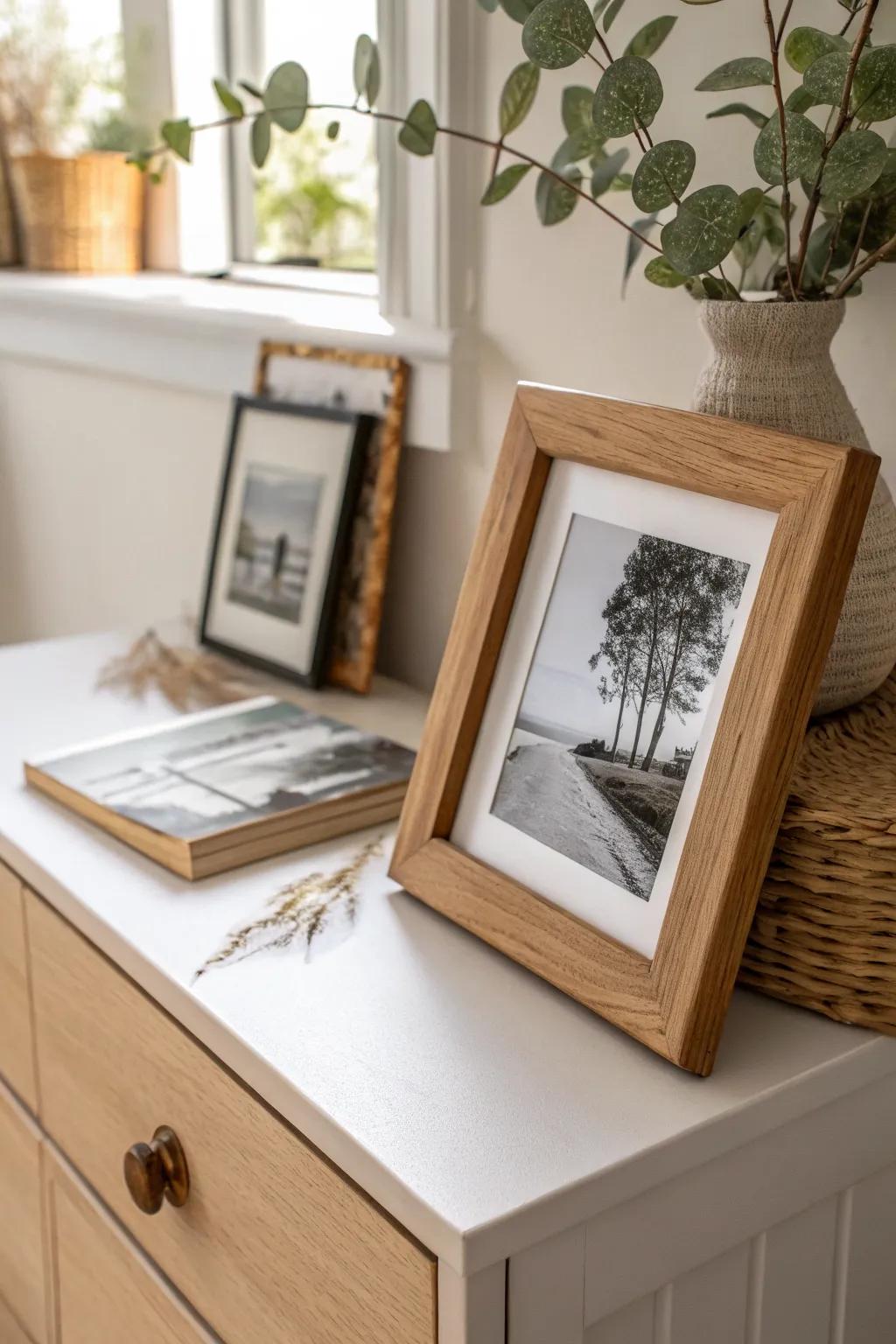 Layer a postcard and pressed leaves in a leaning frame for a story-rich dresser moment.