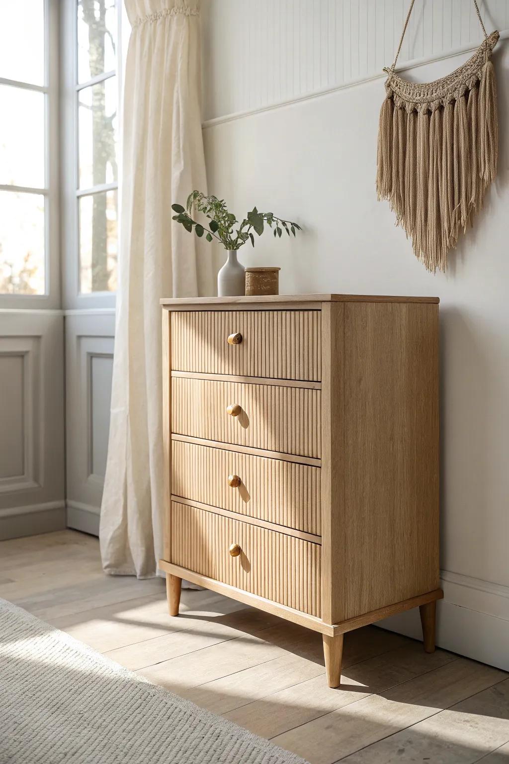 Textured fluted drawer fronts add depth and decor—perfect style for narrow, small bedrooms.