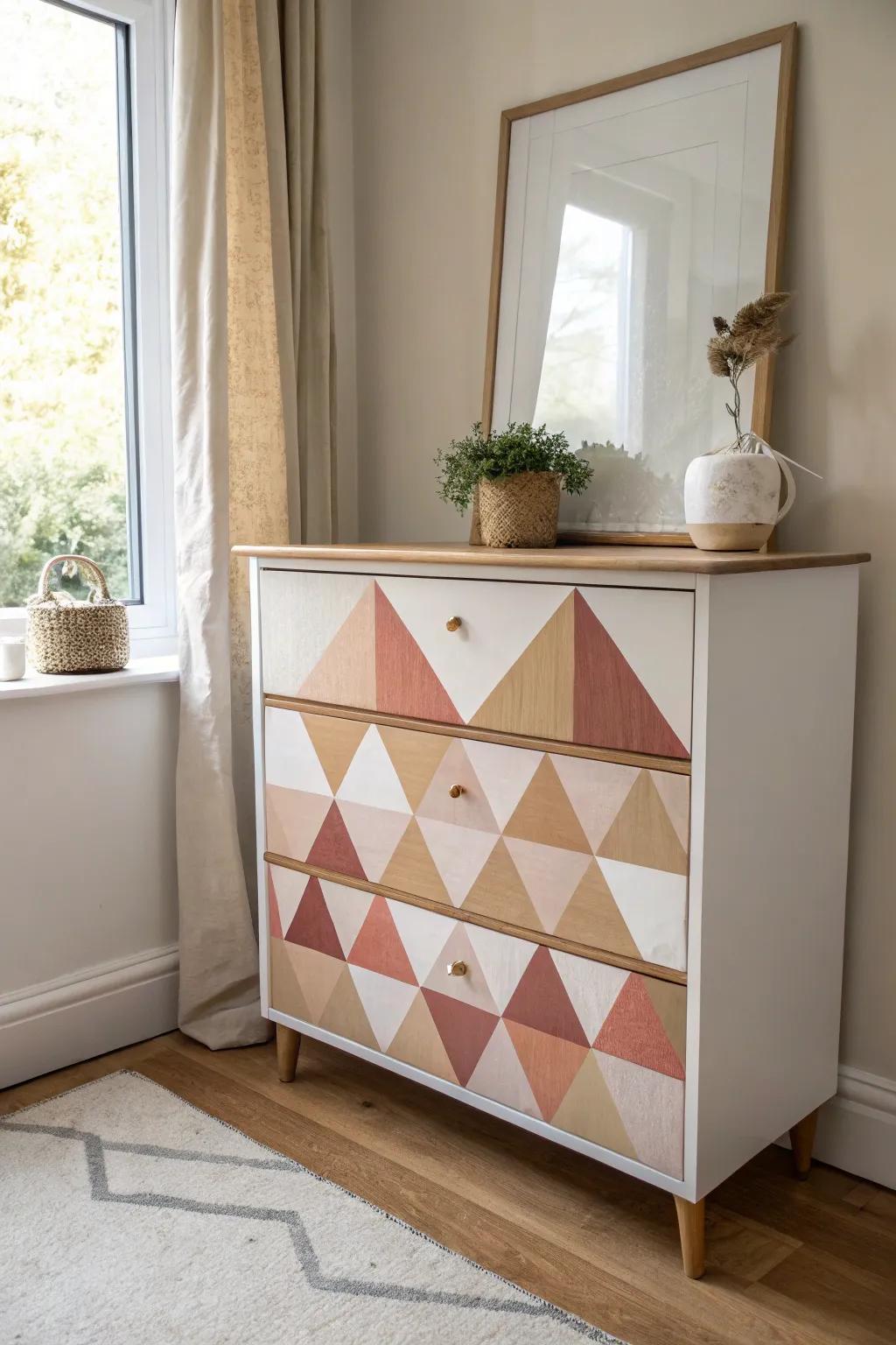 A bold triangle painted across drawers turns a simple dresser into a cohesive designer piece.