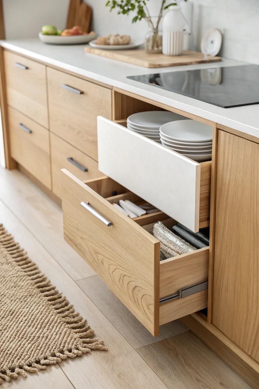 A hidden toe-kick drawer turns dead space under cabinets into sleek, sneaky DVD storage.