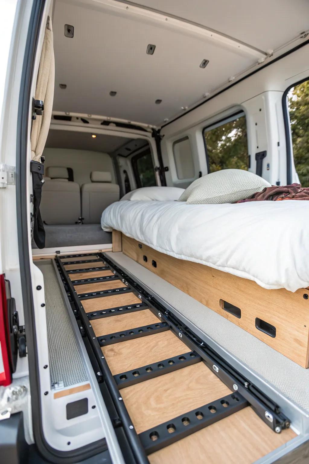 Diagonal E-track bed for narrow vans—an angled platform that makes tight layouts actually work.