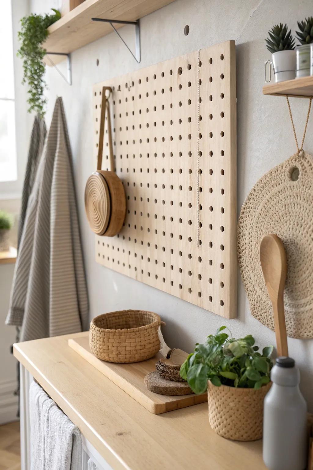 A birch pegboard backsplash that doubles as storage—clean, warm, and perfect for small kitchens.