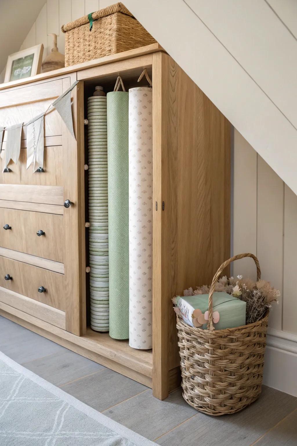 Secret eaves door gift-wrap station: upright rolls, hanging ribbons, and calm minimalist order.